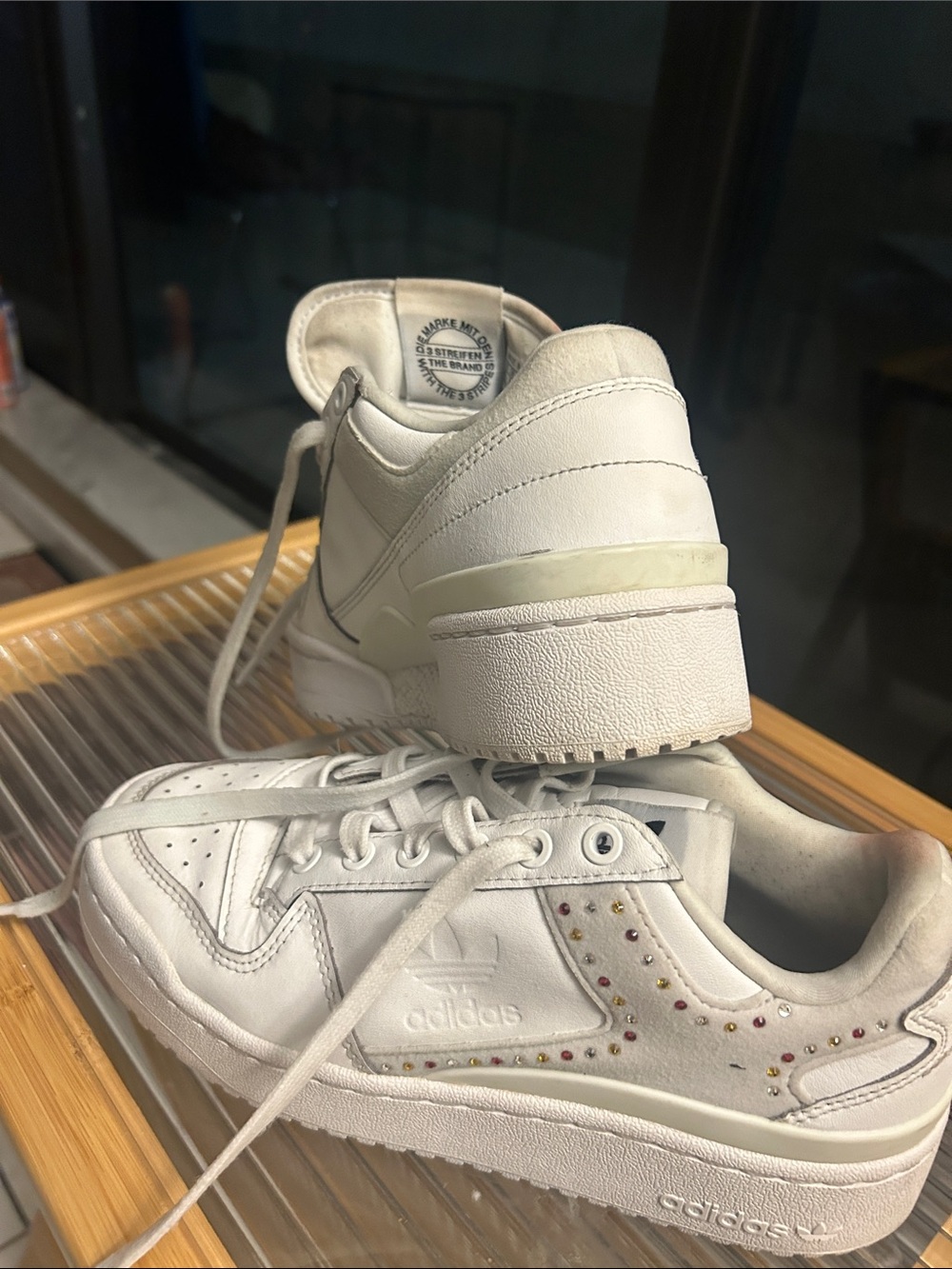 adidas White Leather Low-Top Sneakers with Multicolor Studs Swarovski crystals.